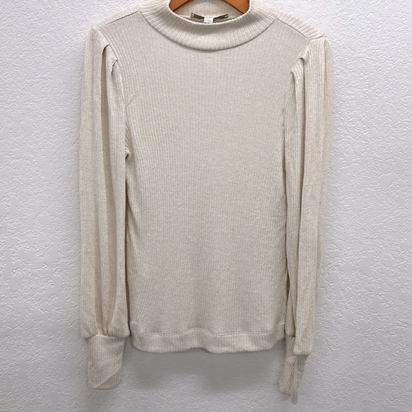 LOFT Cream Gold Knit Puff Sleeve Knit Top S - Picture 1 of 7